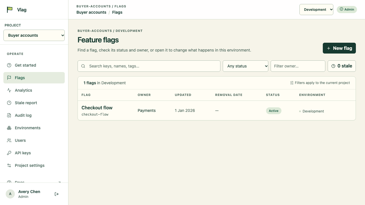 Vlag dashboard project list showing a flag’s owner, last update, removal date, status and environment